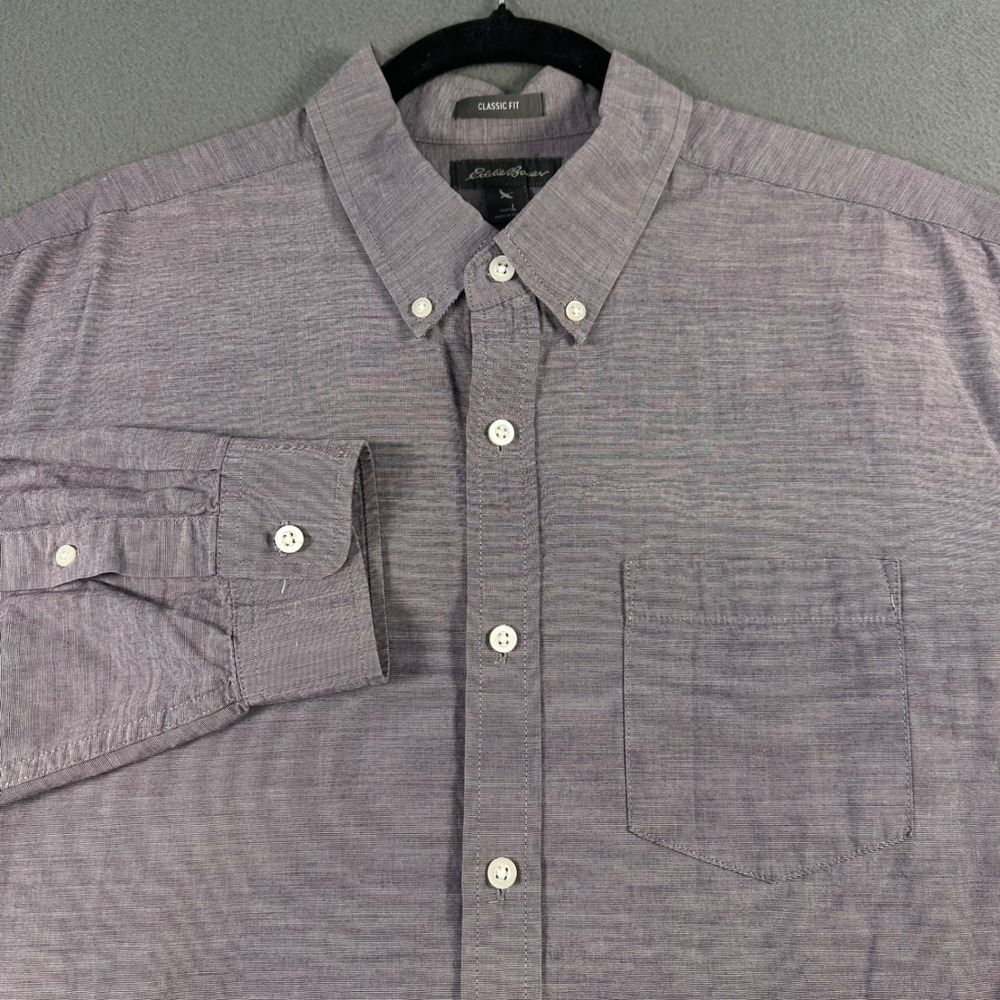 Eddie Bauer Mens Large Classic Fit Button Down Shirt Purple Cotton Long Sleeve